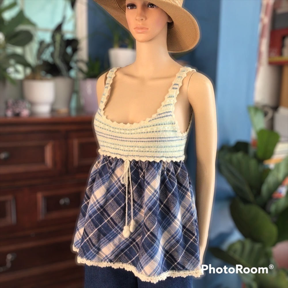 Free vintage people crochet plaid sleeves spaghetti strap top